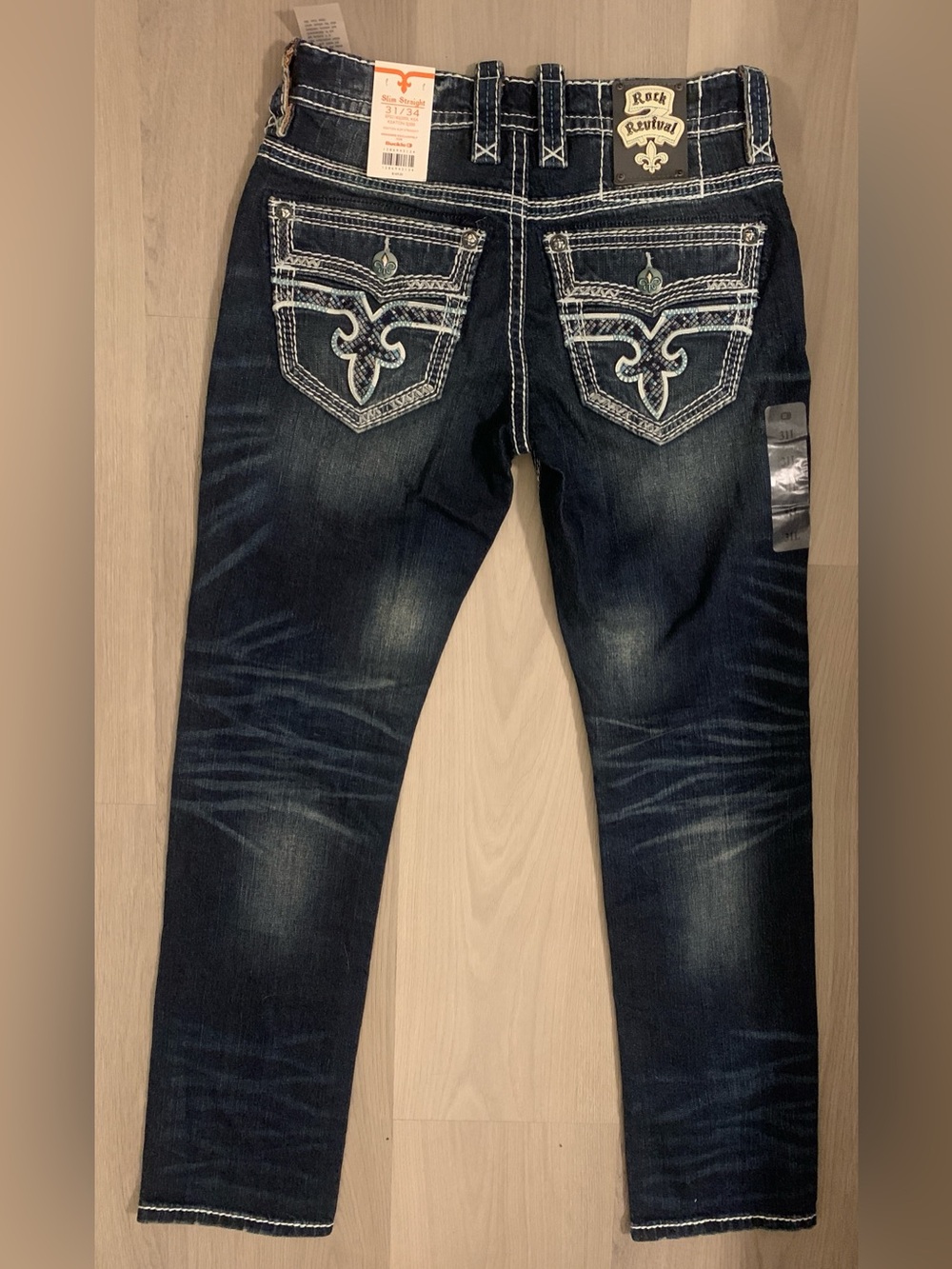 Rock Revival Keaton Slim Straight Men’s Jeans with Blue Embroidered Pockets